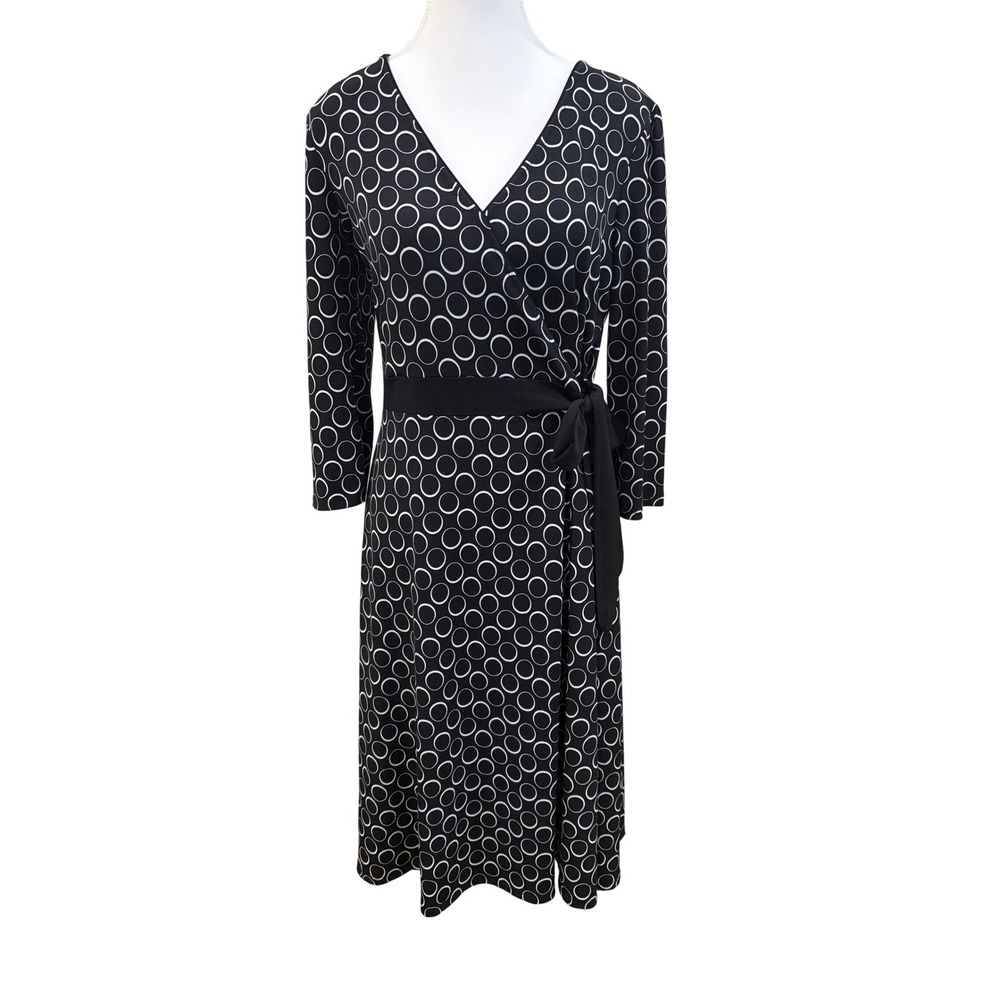 Apt 9 Womens Black White Geometric Circle Print Faux Wrap Midi Dress Medium